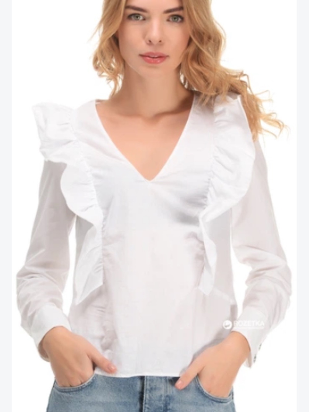 Zara White Ruffle V-Neck Button Cuff Shirt
